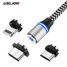 USLION Магнитный зарядный кабель Micro usb type C кабель для iPhone XR XS MAX Магнитный светодиодный кабель для зарядки USB C для samsung Xiaomi