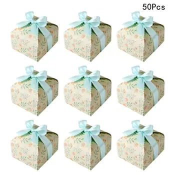 

50Pcs Candy Boxes Light Yellow Ground Floral Patterned Square Creative Packaging Boxes Gift Boxes with Ribbon for Wedding Party