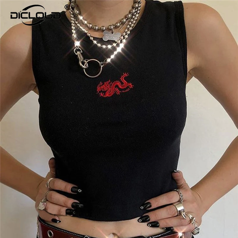 

Punk Style Summer Tops Women 2019 New Hip Hop Crop Top Casual Cotton Sleeveless Tshirt Dragon Embroidery Unif T Shirt Femme