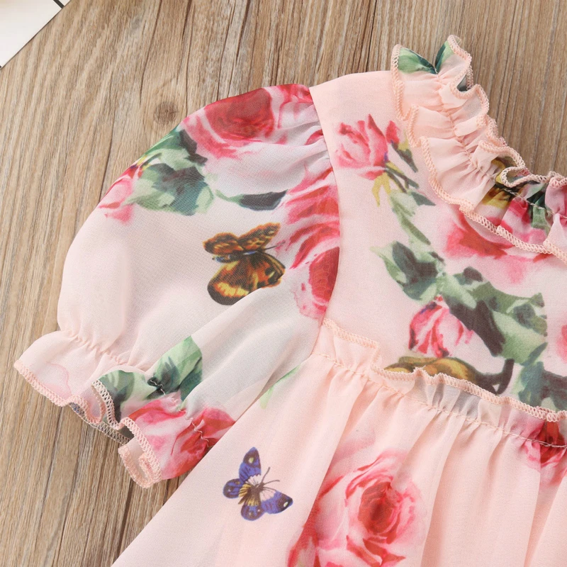 Floral Print Girls Dress Newborn Kids Baby Flower Short Sleeve Party Pageant Princess Dress Tulle Formal Kids Dresses For Girls