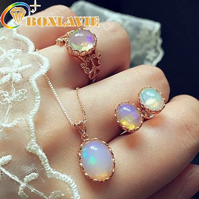 

Vintage Opal Jewelry Sets For Woman Pendant Necklaces Choker Water Drop Earrings & Ring Gold Color Bohemia Wedding Jewelry Gifts