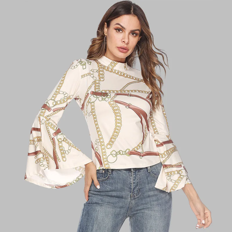 Fashion Women Blouse Printed Turtleneck Flare Sleeve Cut Out Back Slim ...