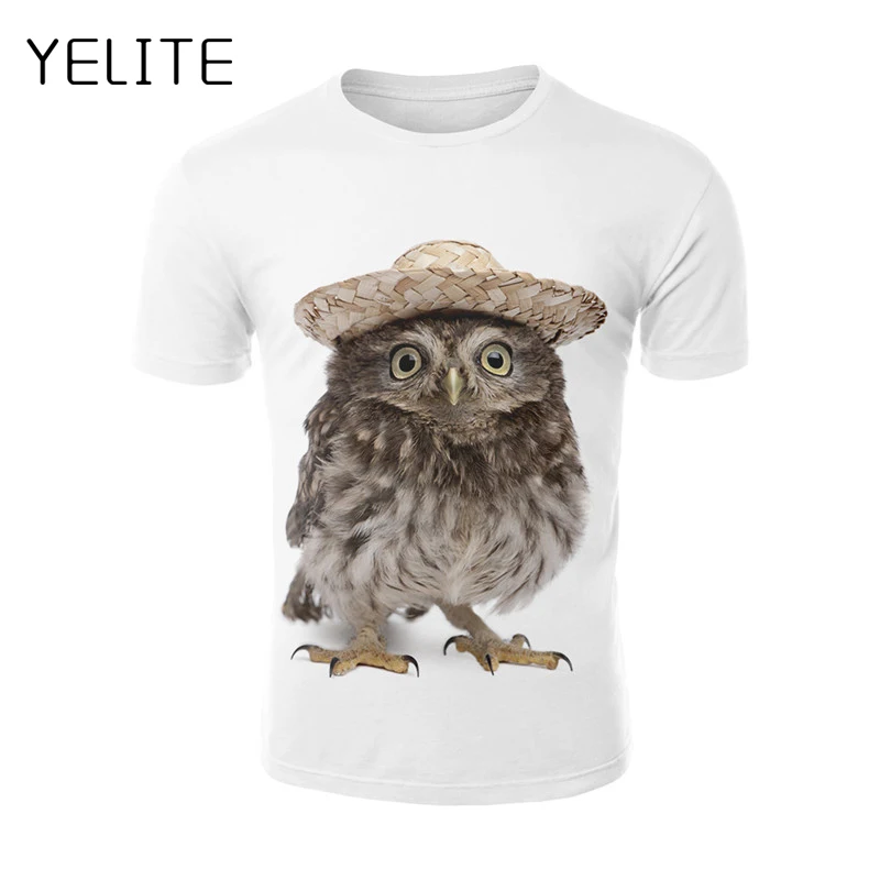 

YELITE 2019 Summer T-shirt Owl Printed Simple Tshirt Short Sleeve O-neck Men Casual Shirt Funny Animal White Tops Tees