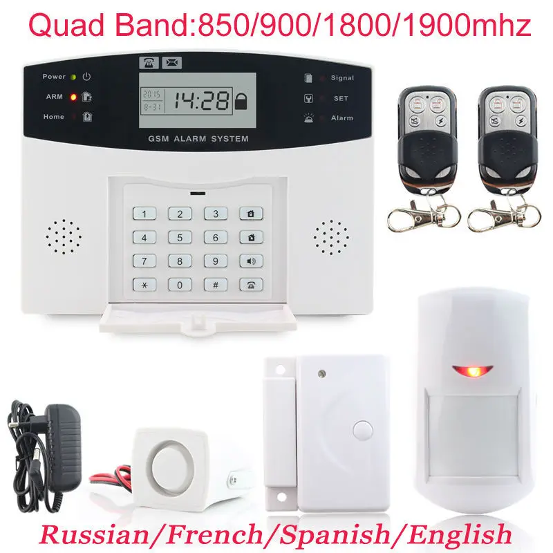

8 Wired Defense Zone LCD Display Home GSM Voice Alarm System with Door Sensor PIR Detector intercom Monitor Wireless Quad Band