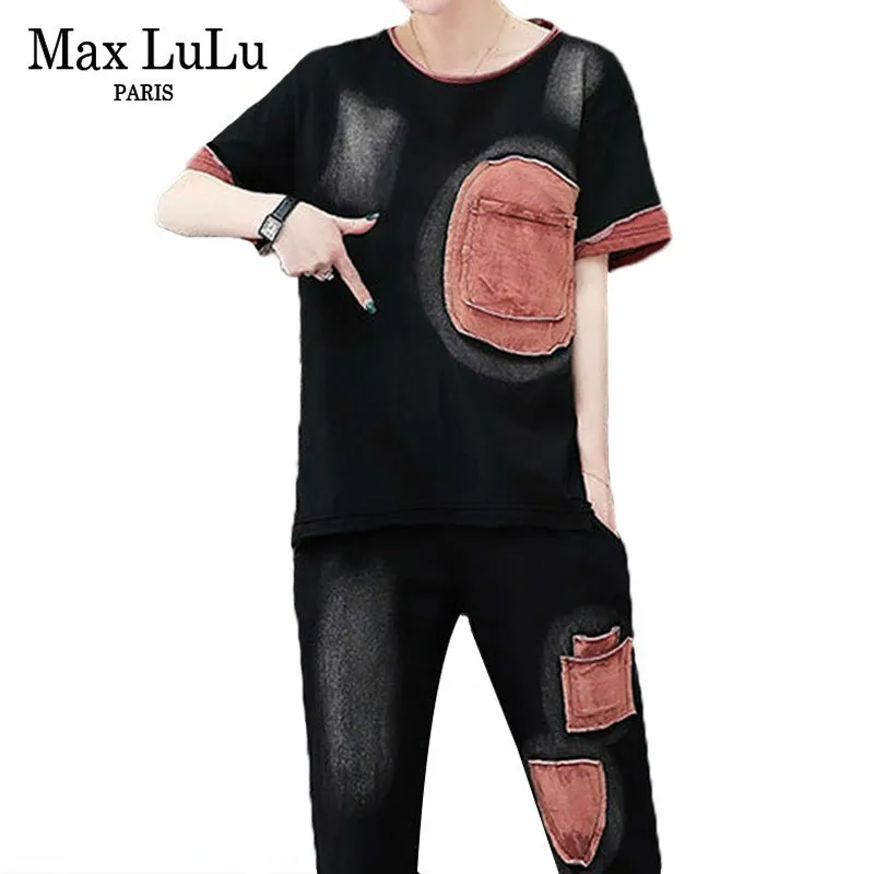 

Max LuLu 2019 Summer Fashion Korean Style Punk Ladies Denim Tops And Pants Women Two Pieces Set Casual Clothes Outfits Plus Size