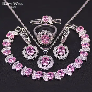 

Best Present Pink Crystal & Cubic Zircon Silver Color Costume Jewelry Sets Pendants/Earrings/Rings/Bracelets Set