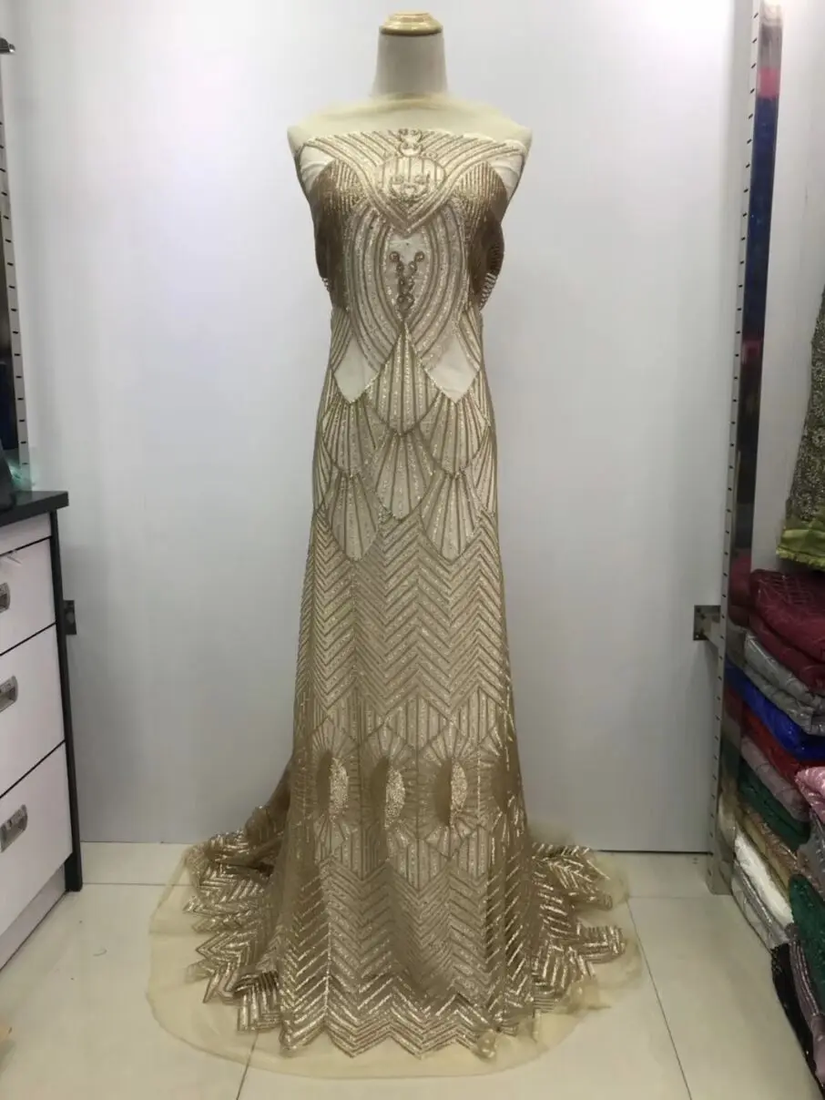 

Free Shipping Glitter Lace Fabric High Quality African Lace Fabric With Sequins 4.5*1.35meter/lot Sequin Fabric For Wedding
