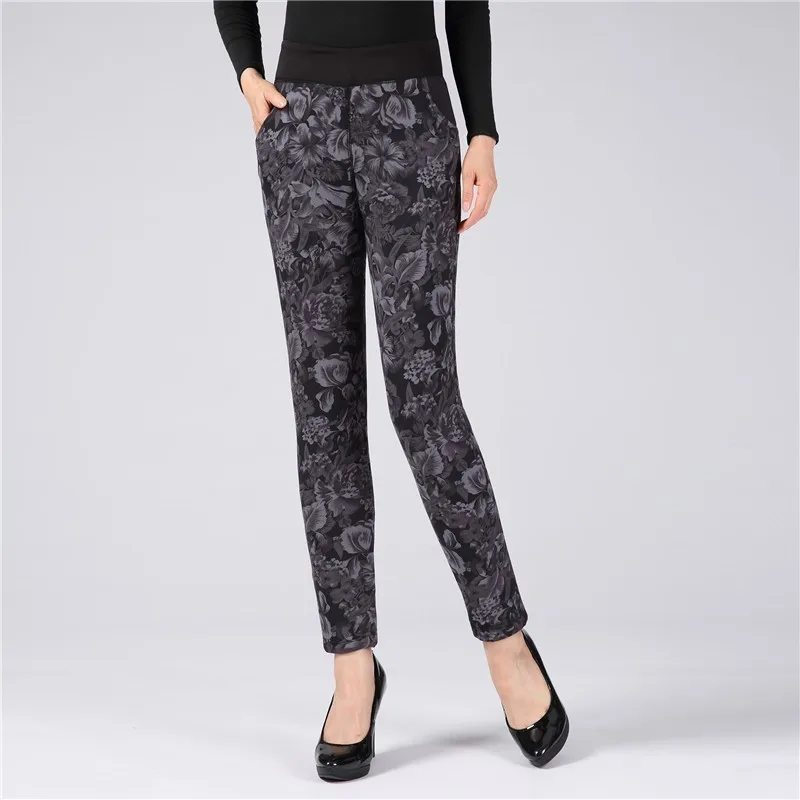 

Winter Women Floral Printed Hick Velvet Pants Slim High Waist Stretch Straight Pants Female Trousers Plus Size XL-4XL