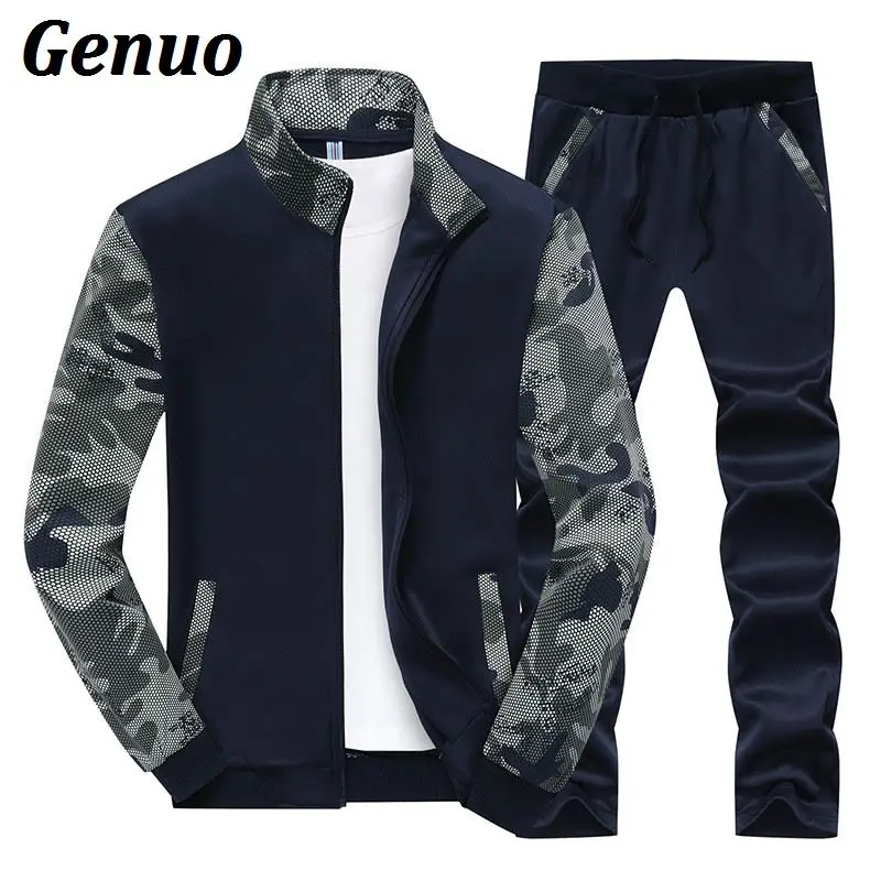 Genuo Весна Для мужчин комплект из двух предметов спортивный костюм Для мужчин Лоскутные кофты топ и брюки и пиджаки Стенд воротник толстовки