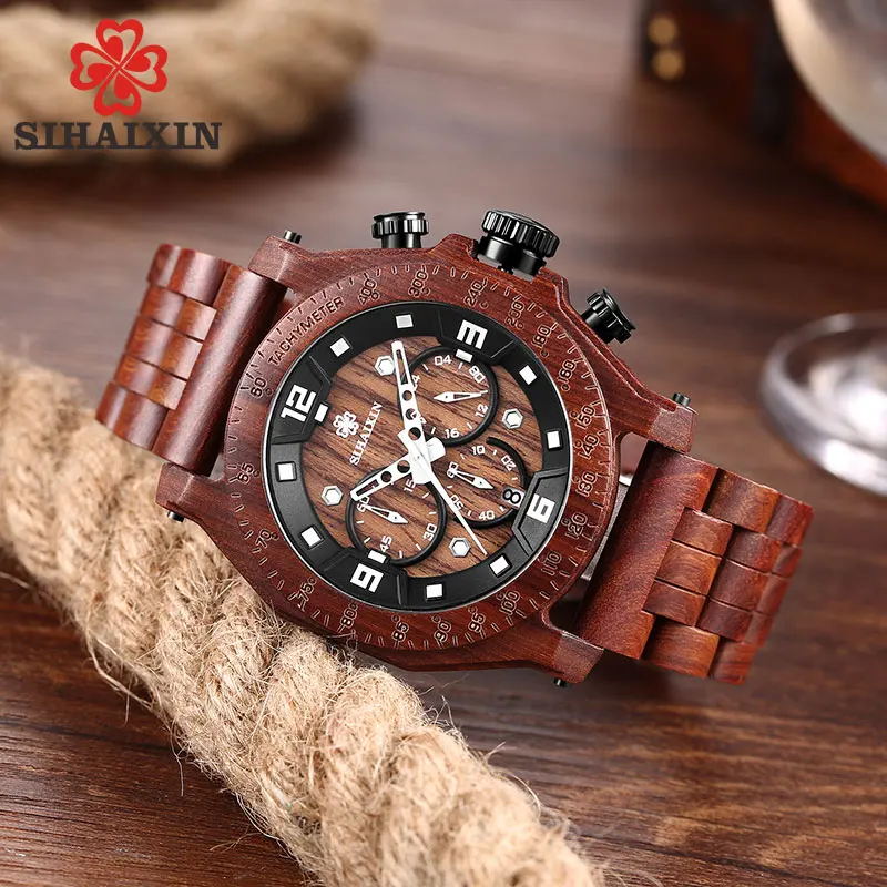 

SIHAIXIN Wooden Watch Male Relogio Masculino Luxury Stylish Chronograph Military Quartz Waterproof Business Clock Men Week Date