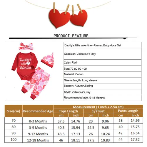 Топы для девочек, комбинезон, штаны, повязка на голову, шляпа, хлопок, длинный рукав, 4 предмета, наряды на День святого Валентина для маленьких девочек, комплекты одежды для детей от 0 до 18 месяцев