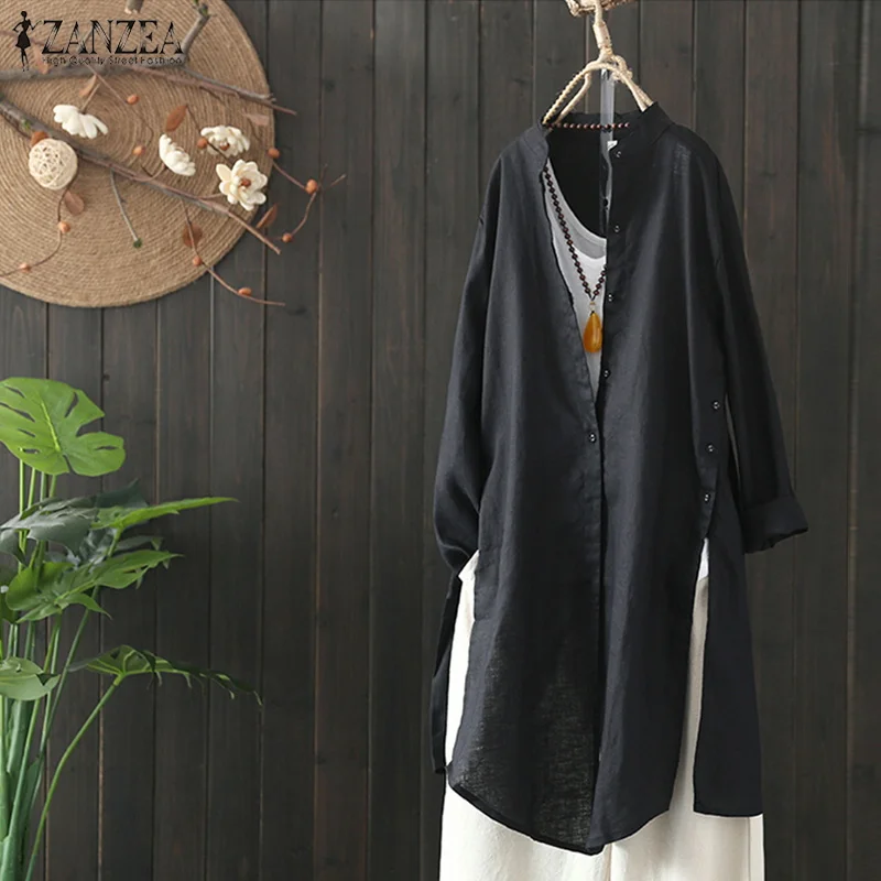 Skup 2019 Plus rozmiar ZANZEA wiosna jesień kobiety dorywczo klapa z długim rękawem w stylu Vintage bawełniana pościel luźna praca OL długa koszula sweter bluzka