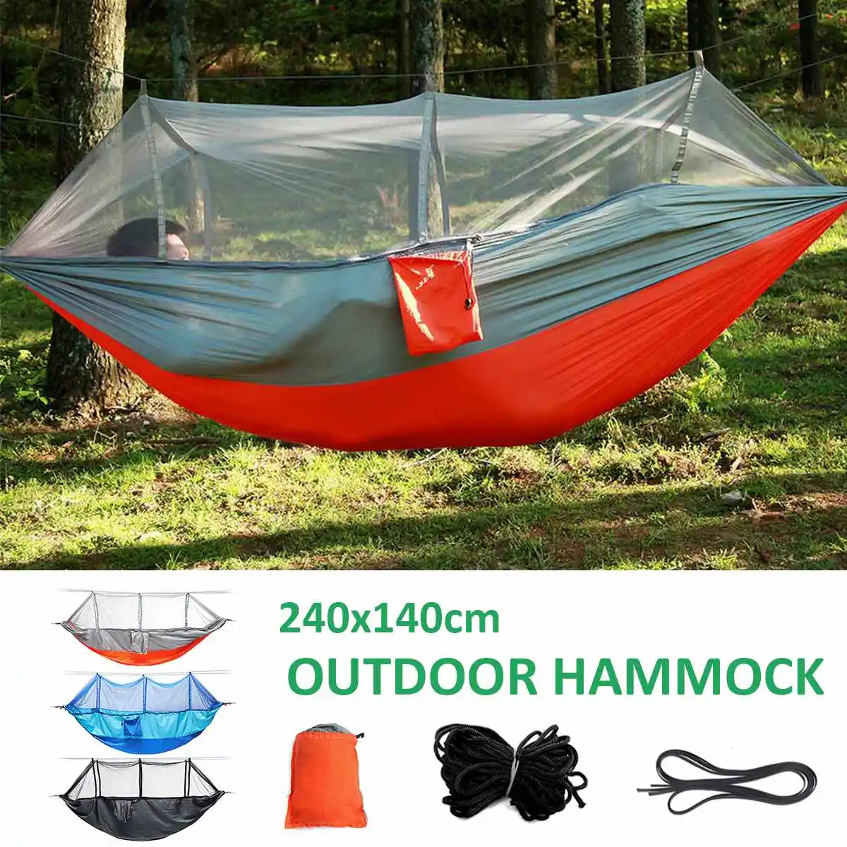 

Portable Double People Hammock Travel Parachute 210T Polyester Mesh Outdoor Hammocks with Mosquito Net Camping+2XHooks/Strings