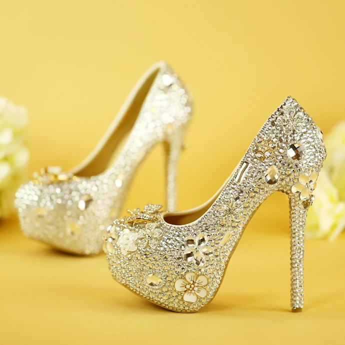 

Women Shoes Silver Crystal Super Higher Heels Custom Height Bride's Shoes Wedding Dress Pumps Bright Bling Clear Rhinestone Make