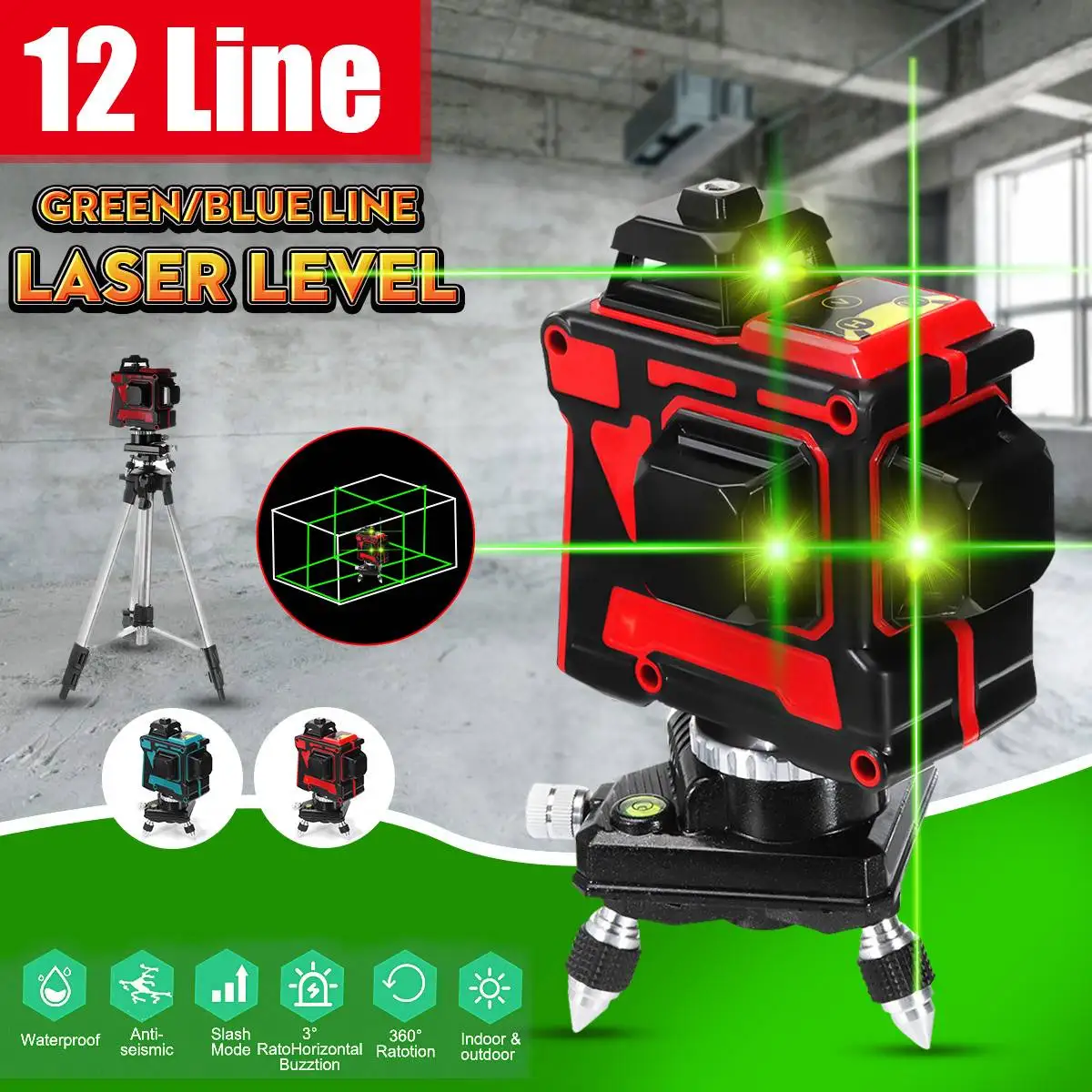 

3D 12 Line Green/Blue Light Laser Level Self Leveling 360° Rotary Measure Cross US Plug AC 110-240V Waterproof Wear-resisting