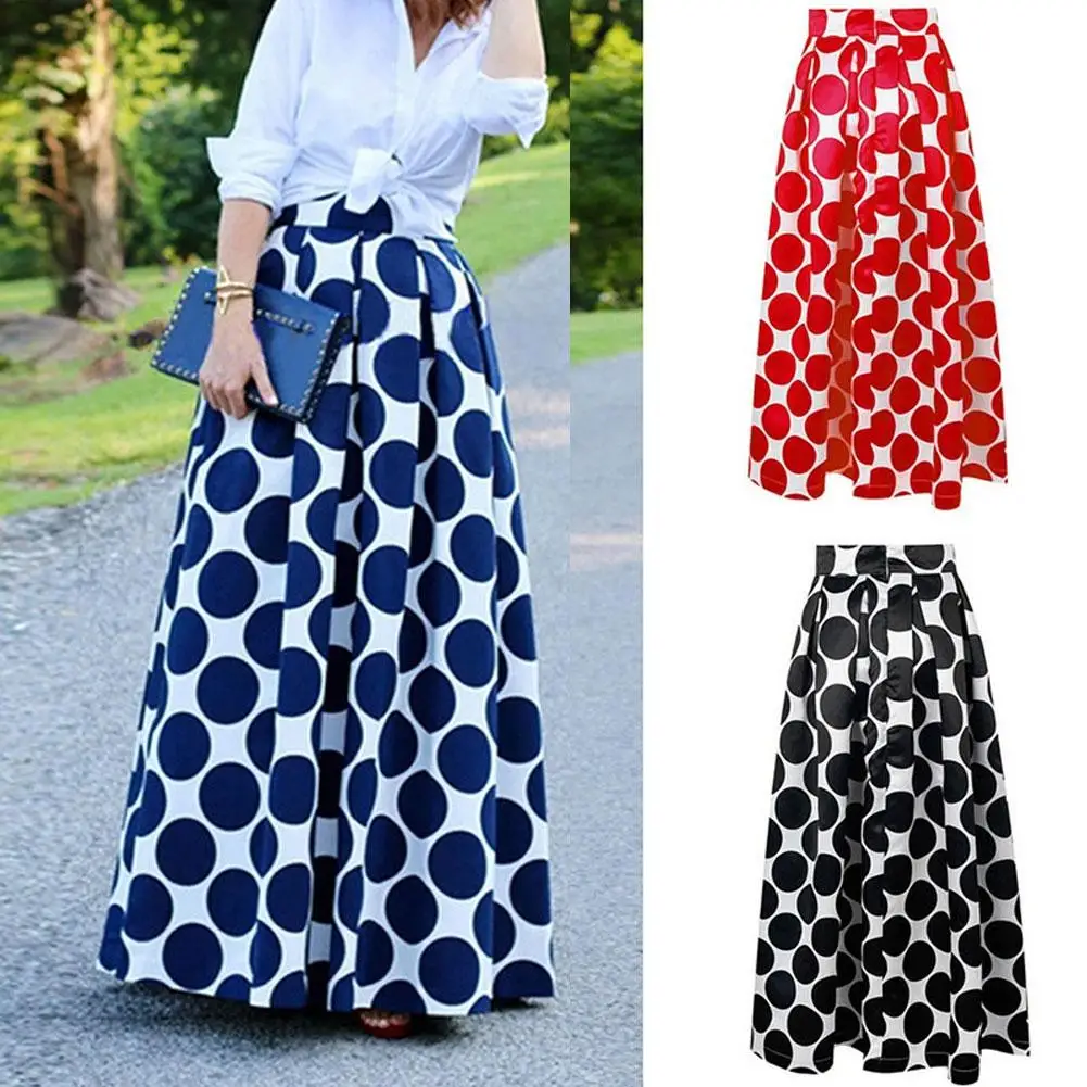 Retro High Waist Maxi Skirt Women Big Polka Dot Print Casual Party in Skirts from Women's