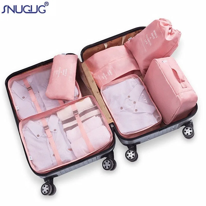 Waliwell 7 in 1 Travel Suitcase Organizer Set with Shoe Bag Pink Space Saving Bags Waterproof Buckets Luggage Organizer Bag for Travel Dirty Clothes