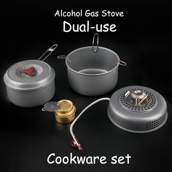 

5 PCS Portable Outdoor Camping Cooking Set Travel Cookware Cookout Utensils Gas Alcohol Stove Set Windproof Boiler Cradle Pots