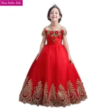 Красные кружевные Длинные Платья с цветочным узором для девочек, robe fille enfant mariage de soiree, пышные платья для девочек