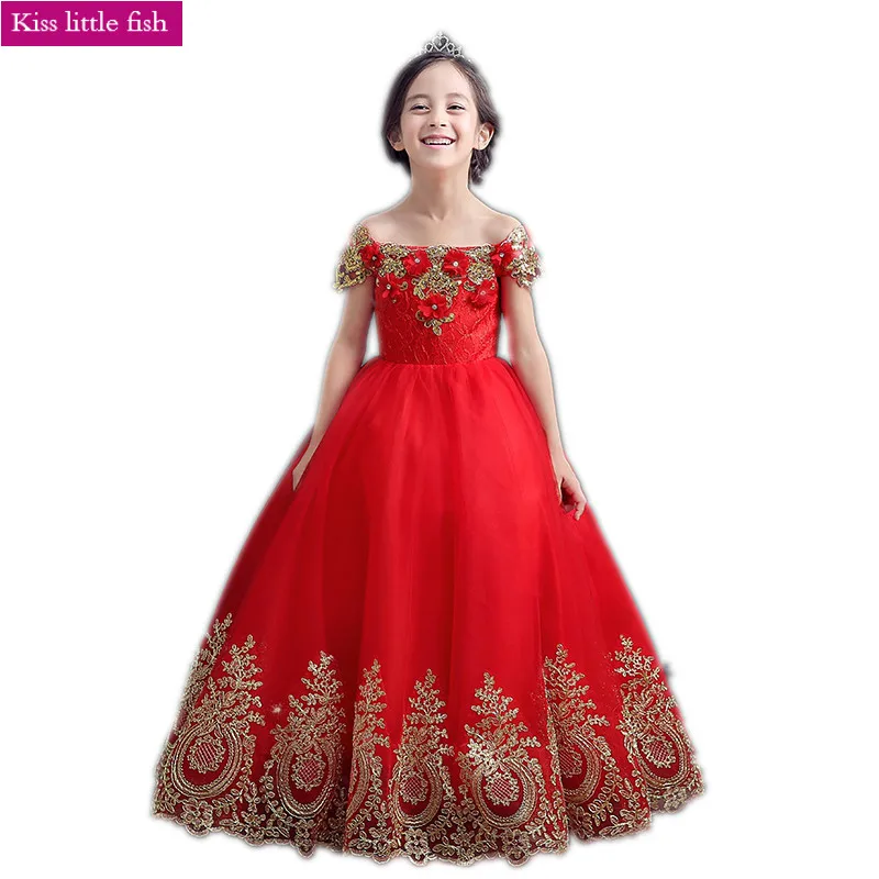 

Free shipping Red Lace long flower girl dresses robe fille enfant mariage de soiree Girls pageant dresses