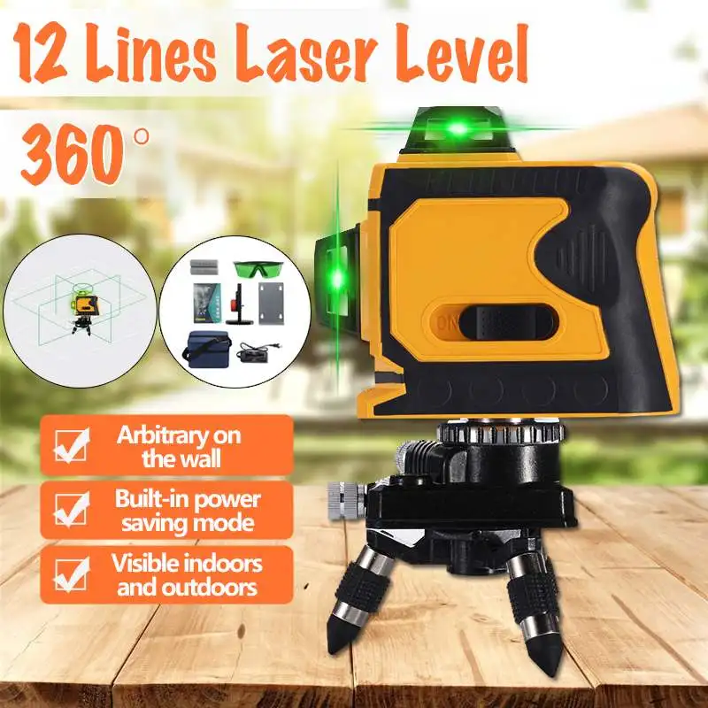 

12 Lines Green Cross Line Laser Level 532nm 3D 360 Degree Rotation Auto Leveling Horizontal Vertical Laser Beam+Base+Wall Frame
