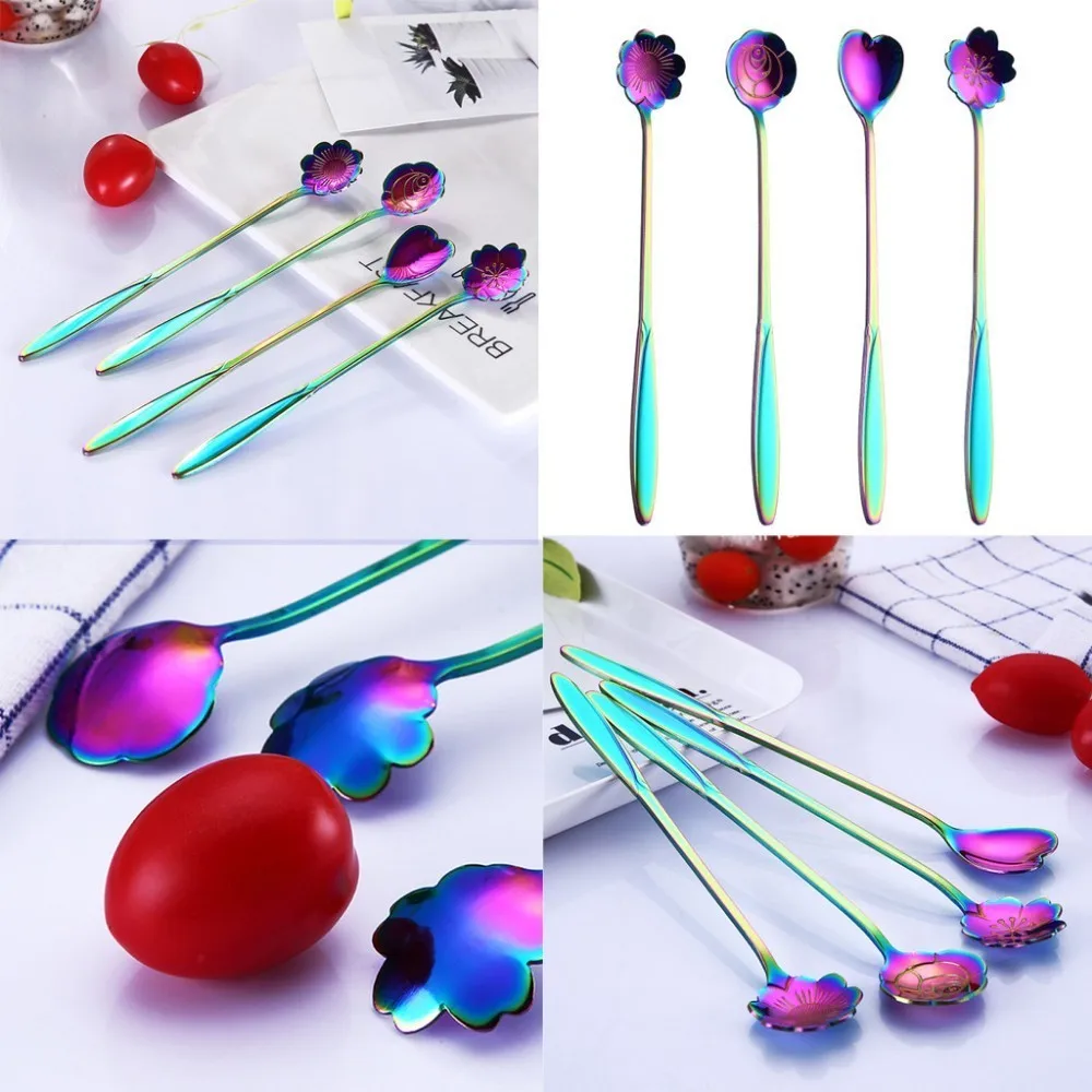 

Gilded Colorful Petal Spoon Handle Spoons Ice Cream Drinking Tools Kitchen Gadget Stainless Steel Teaspoons Tableware Wholesale