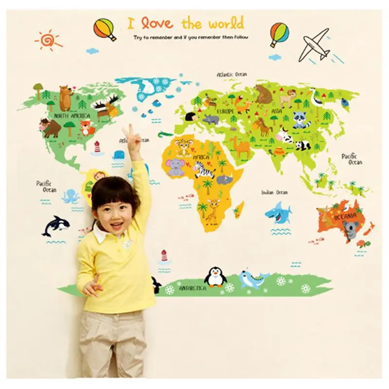 

Cartoon World Map PVC DIY Self Adhesive Vinyl Wall Stickers Bedroom Home Decor For Children Room Decoration Art Wall Decal