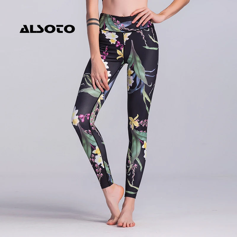 

ALSOTO Women Running Legging Slimming Sport Pants High Waist Compression Pants Gym Clothes Sexy Running Floral Print Tights