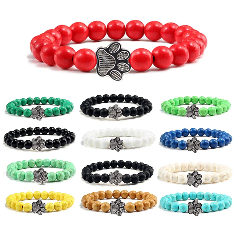 

Valentines Gift Natural Matte Black Lava Volcanic Stone Elastic Beads Adjustable Paw Print Charm Bracelet 1PC