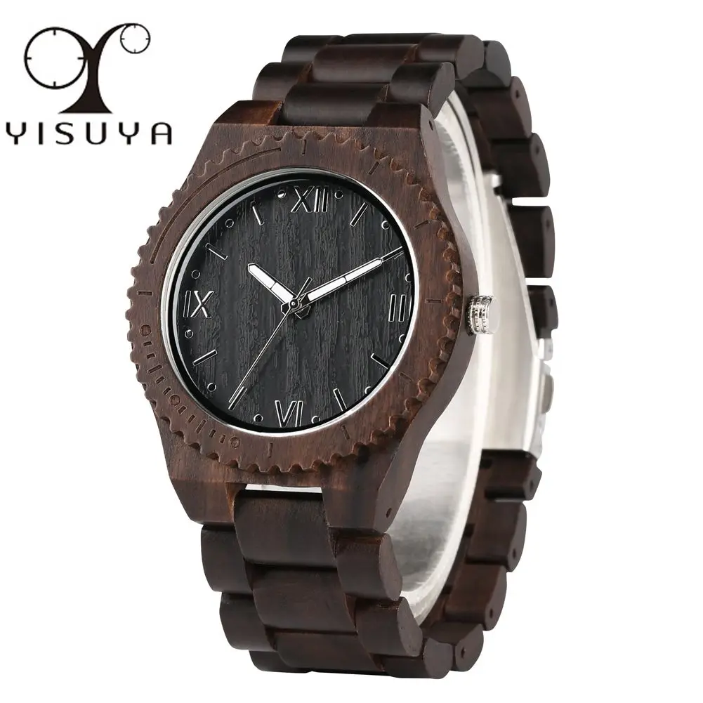 

Black Full Wooden Watch for Men Personalized Gear Shaped Quartz Breathable Wooden Watches for Boy Vintage Literary Style Watches