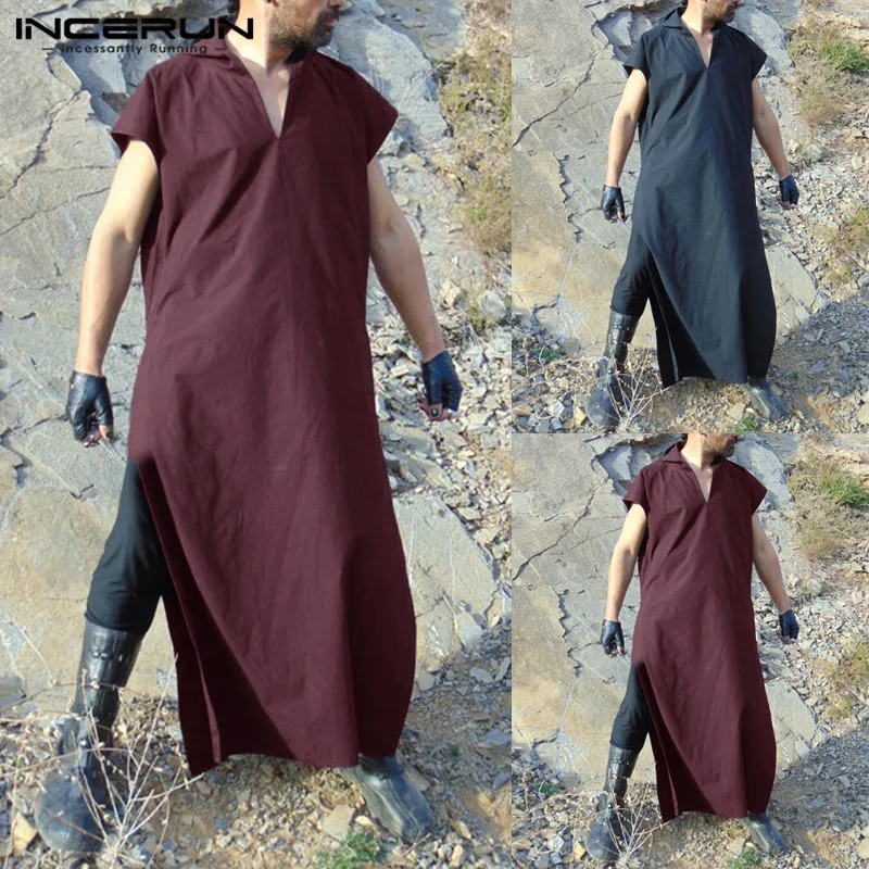 

INCERUN Muslim Arab Islamic Kaftan Men Hooded Loose Short Sleeve Jubba Thobe Men Robes Saudi Arabia Tunic Dress Kaftan Tops 2019