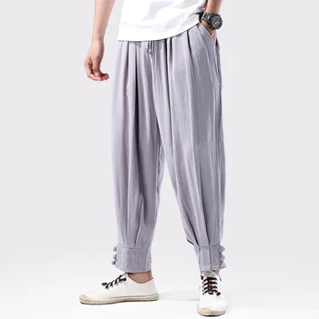 

#4598 Vintage Trousers Men Pleated Grey/Black Plus Size Linen Harem Pants Retro Thin Loose Fashion Hip Hop Joggers Streetwear