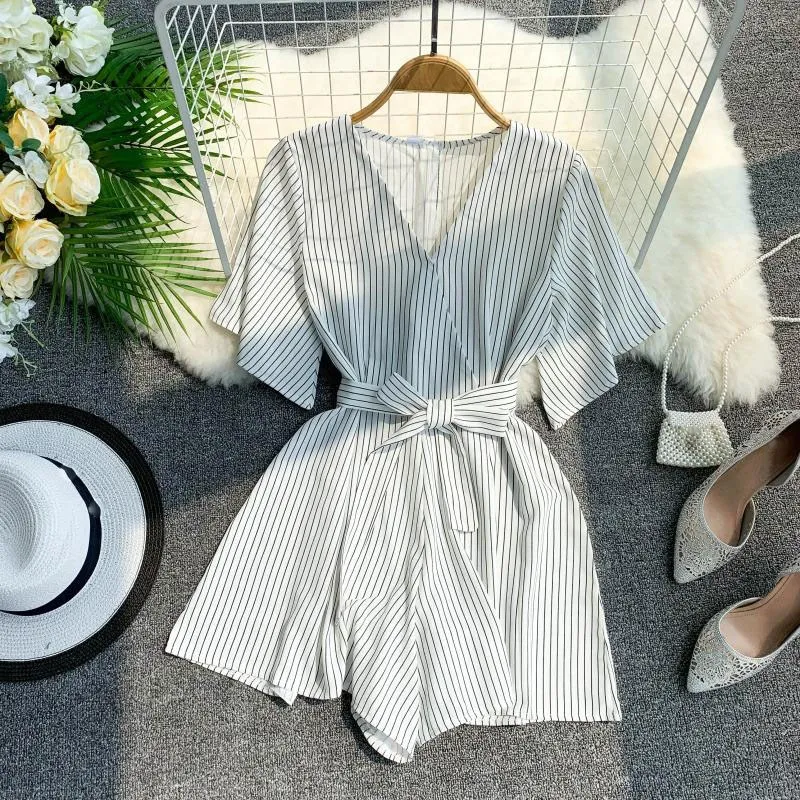 

Elegant Shorts Striped Playsuits Women V-neck Short Sleeve Belted Sexy Rompers Casual Vintage Beach Jumpsuits