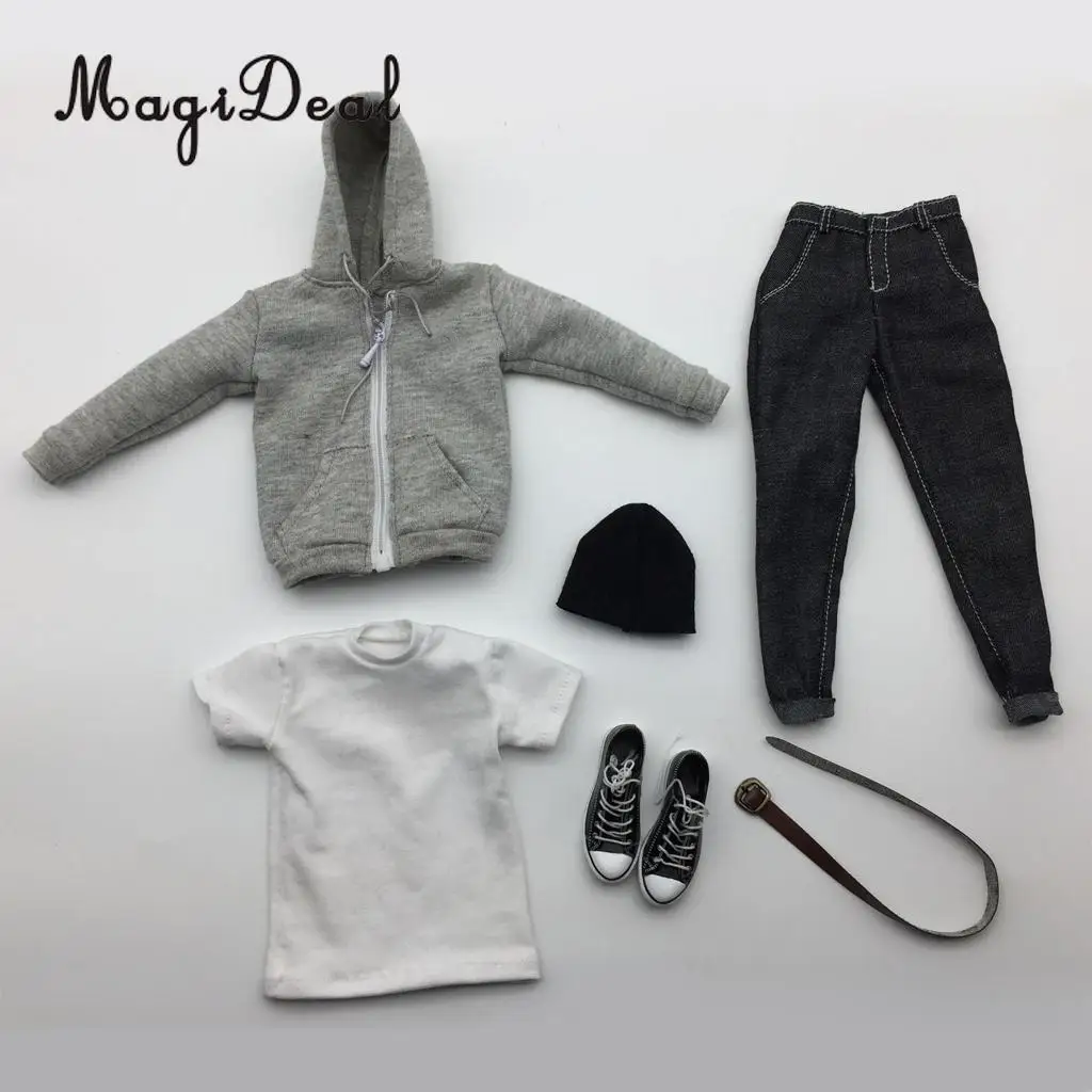MagiDeal 1/6 масштаб мужская одежда серая футболка худи джинсы ремень Кепки парусиновая обувь, комплект для детей возрастом от 12 дюймов мужской фигурки