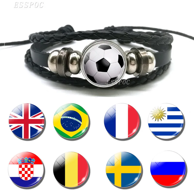

Soccer Bracelet Football Glass Cabochon Leather Bracelets Bangle Punk Jewelry France Russia Germany UK Flag Soccer fans Gift