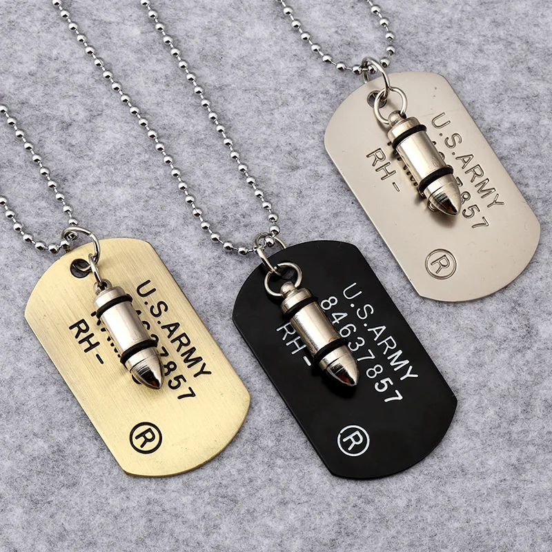 Army Bullet Dog Tag Pendant Necklace Women Men Punk Rock Hip Hop Chains