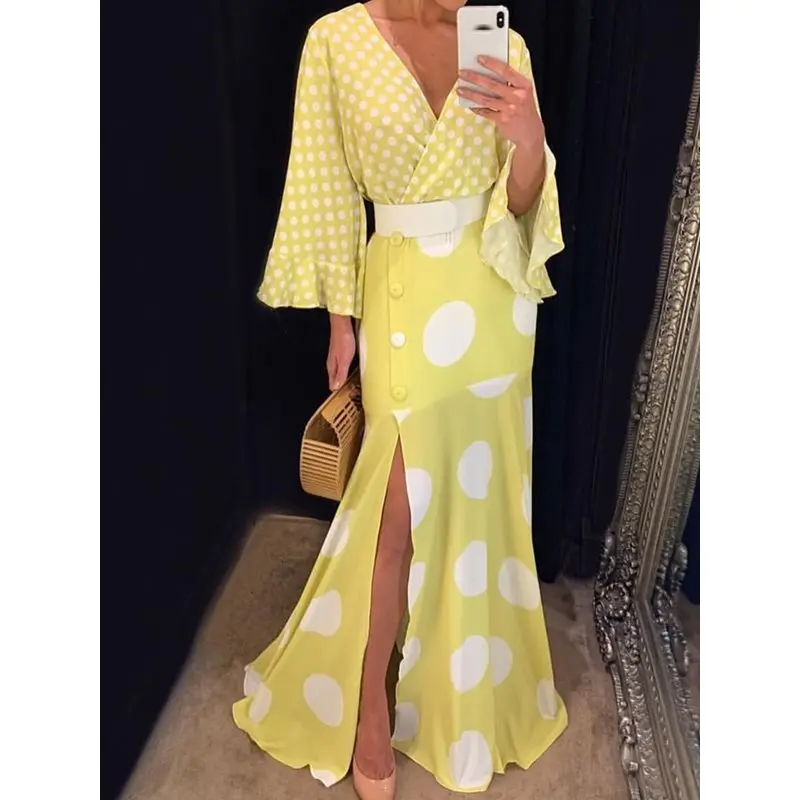

Summer Sexy Club Beach Yellow Big Size Deep V Women Maxi Dresses Casual OL Ladies Flare Sleeve Party Print Split Elegant Dress