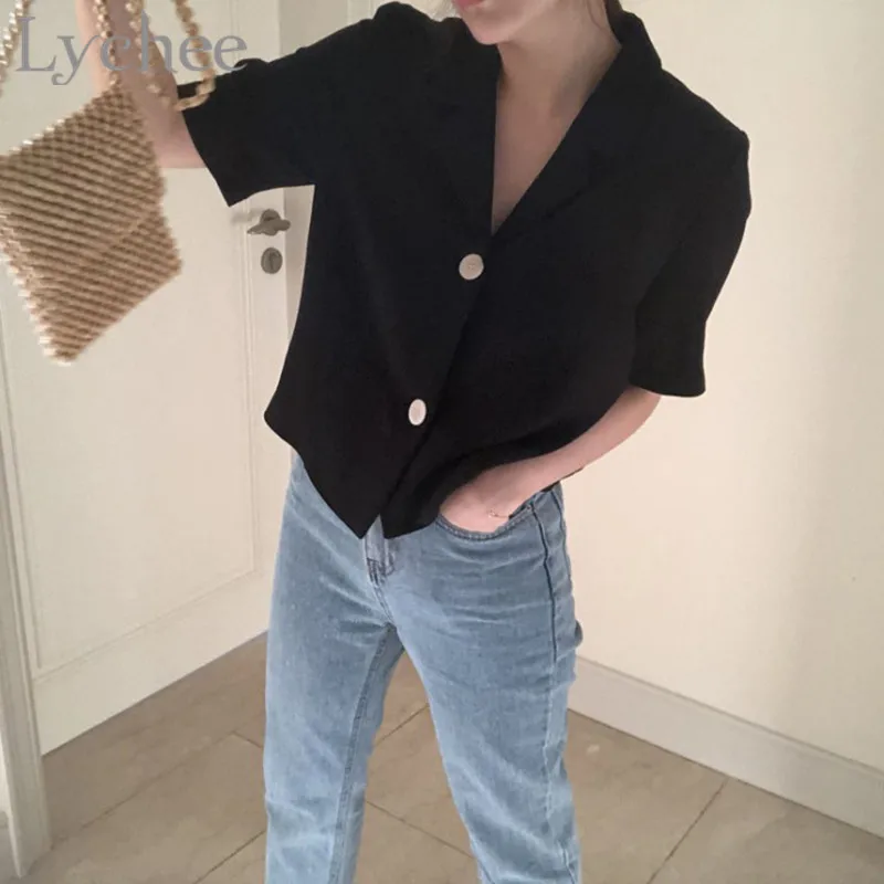 

Lychee Vintage Solid Color Female Blouse Shirts Notched Turn-down Collar Short Sleeve V-Neck Loose 2019 Women Shirt Blouse