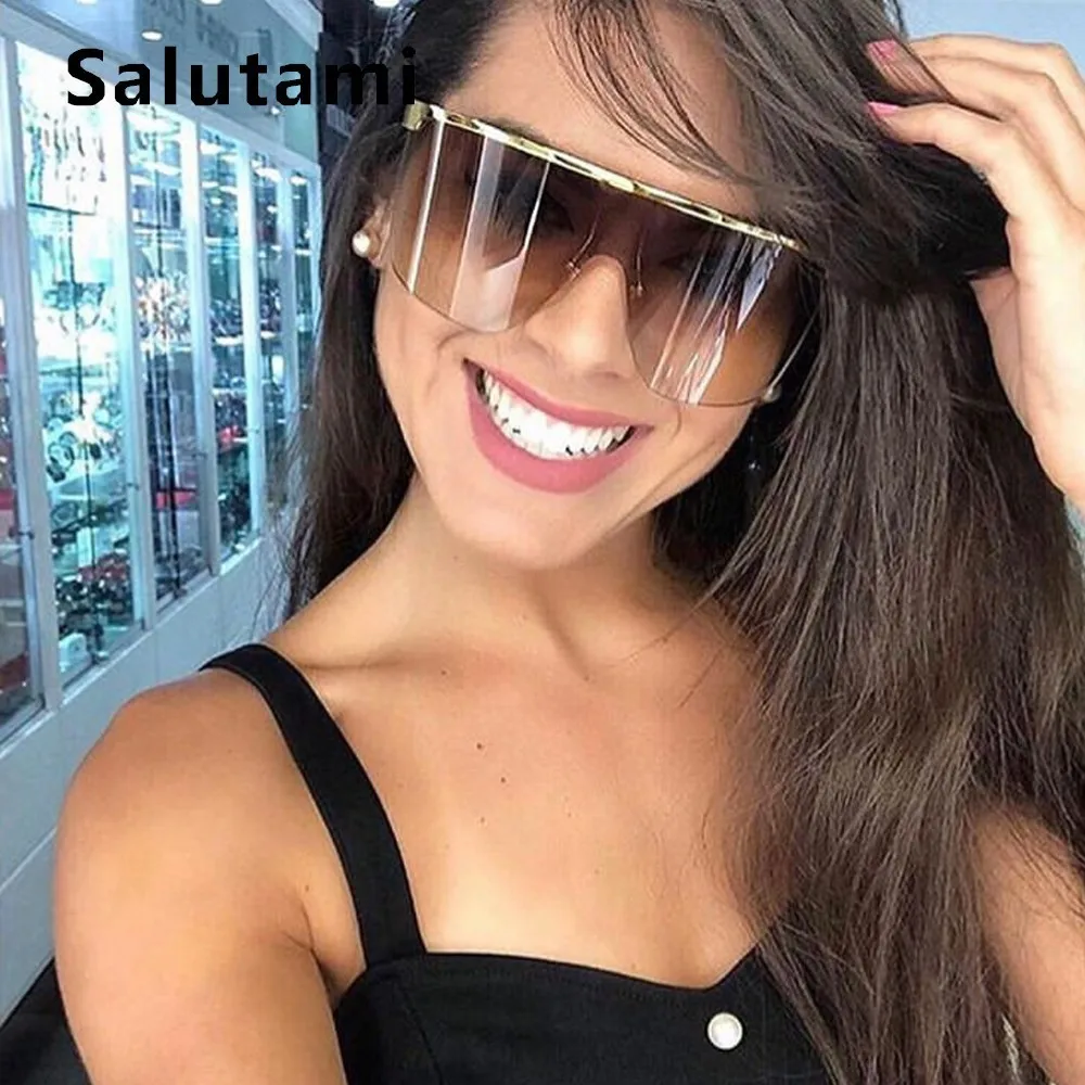 Цельные женские солнцезащитные очки без оправы из сплава, Overszie Shield, брендовые солнцезащитные очки, мужские черные коричневые большие очки, винтажные оттенки