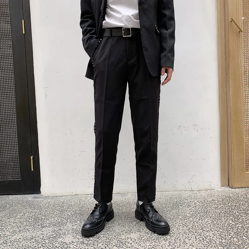

Men's Casual Pants 2019 Spring New Repair Tide Body Trousers Youth Popular Rivet Nine Pants Black Youth Casual Men's Clothing
