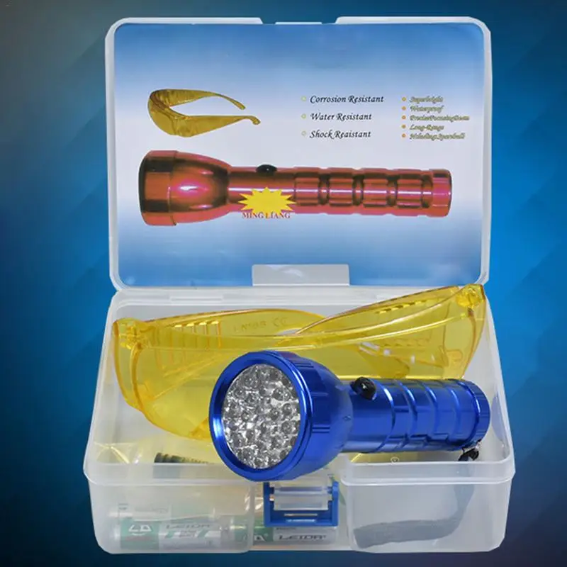 

2019 Car R134A R12 Air Conditioning A/C System Leak Test Detector Kit 28 LED UV Flashlight Protective Glasses UV Dye Tool Set
