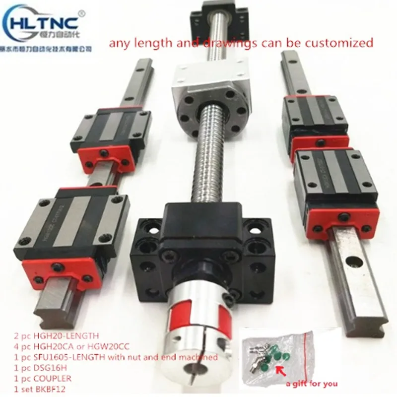 

cnc set HGR20 Square Linear guide sets 4pcs HGH20CA +SFU1605 ball screw+BK BF12 housing Coupling for Spindle motor kit