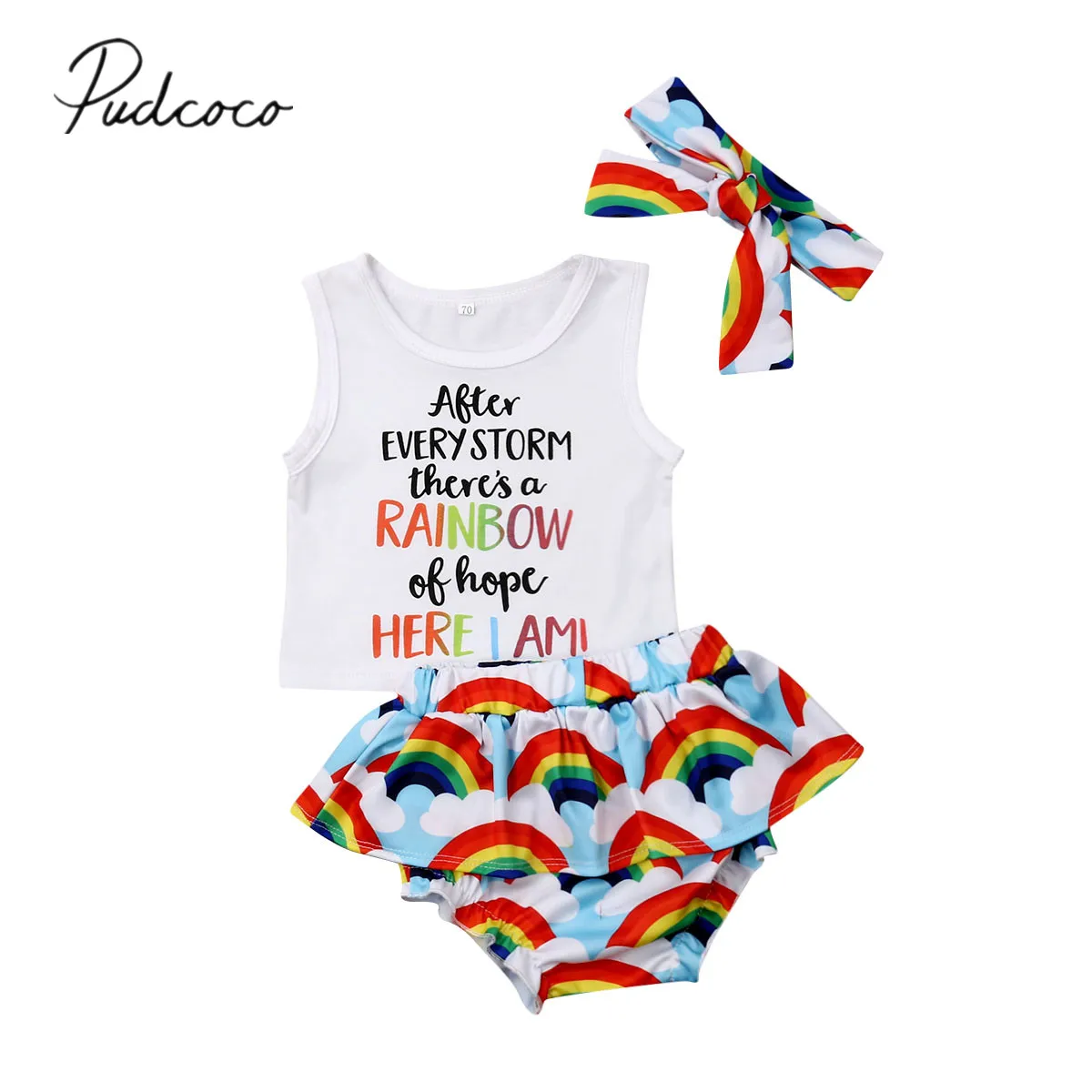 

2019 Baby Summer Clothing 0-24M Infant Baby Boy Girl Rainbow Clothes Letter T-shirt Tops+Tutu Shorts Headband Colorful Outfits