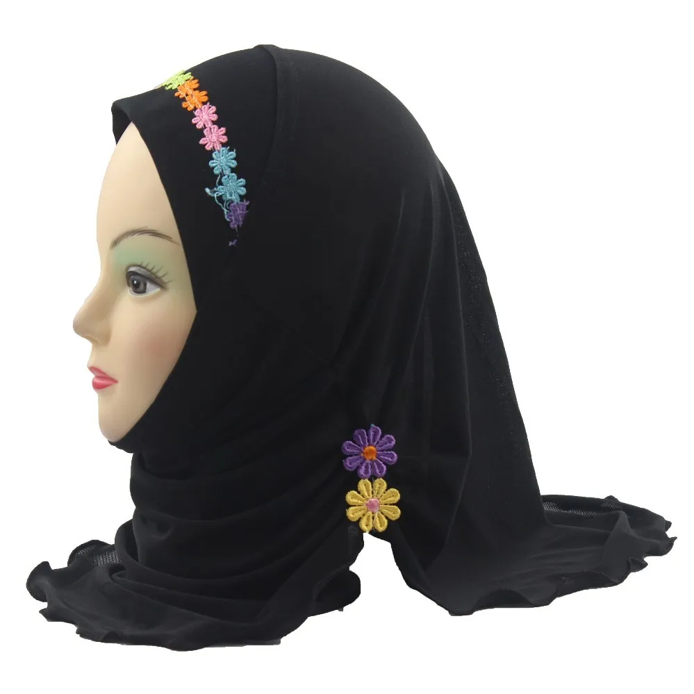 

2018 Girls Kids Muslim Hijab Islamic Arab Scarf Shawls with Beautiful Flowers about 45cm for 2 to 7 years old Girls