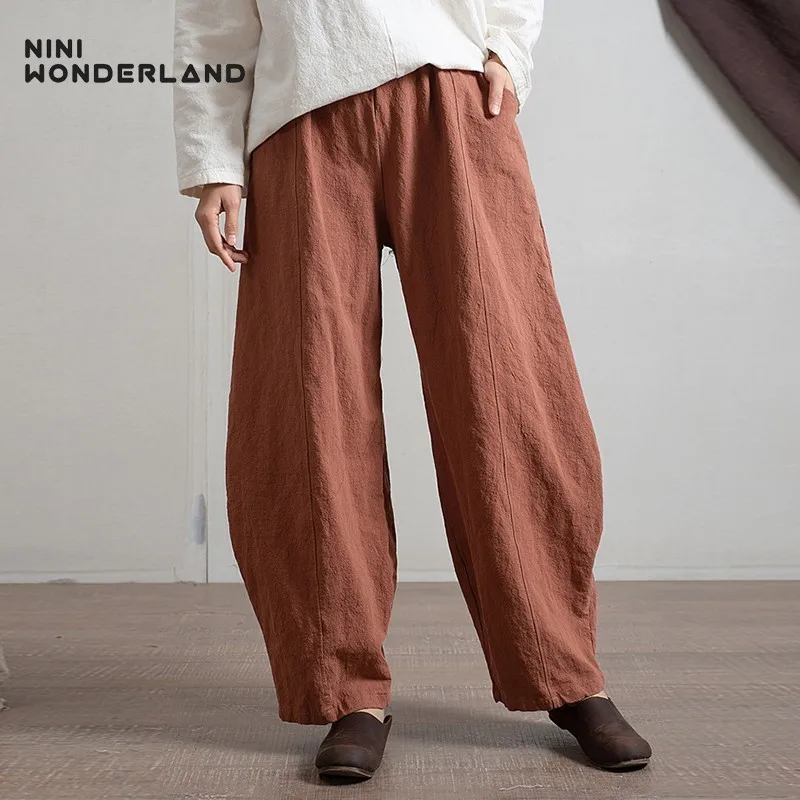 

NINI WONDERLAND 2019 Spring Casual Pants Women Solid Color Cotton Linen Pants female Loose harem pants Autumn Trousers big size