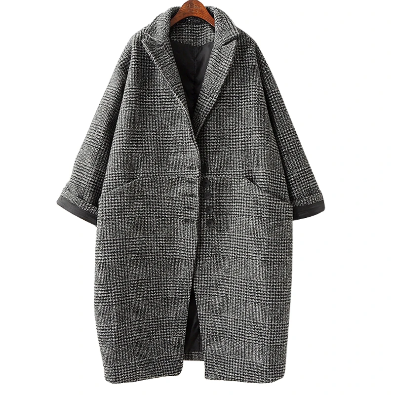 Revers Manches Nouveau 2019 Lâche Poitrine Unique Printemps Chaud Plaid Grand Manteau Pardessus Mode Longues Hiver Wollen eam Femmes De Gray Noir Sxfwnx
