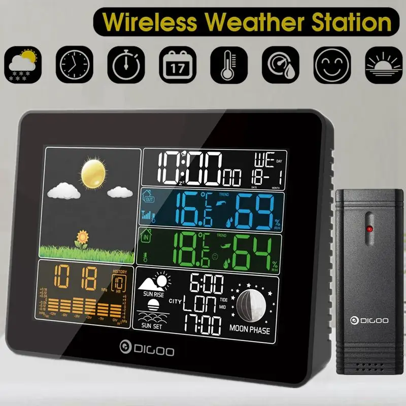 

Digoo Wireless Big Screen Colour Digital Temperature Humidity Outdoor Thermometer Weather Station Forecast Sensor Alarm Clock