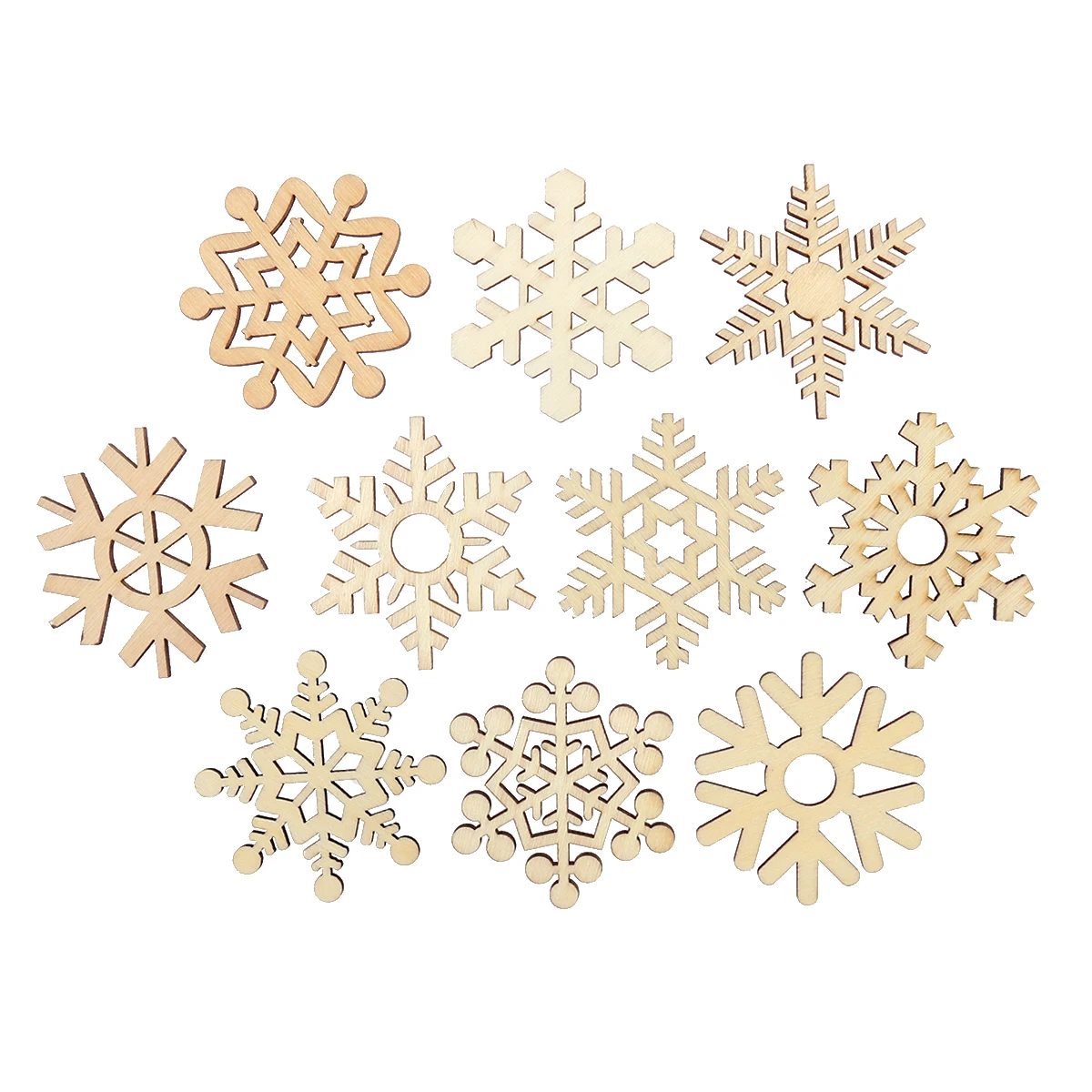 

10pcs Assorted Wooden Snowflake Cutouts Craft Embellishment Gift Tag Wood Ornament for Weding Christmas DIY