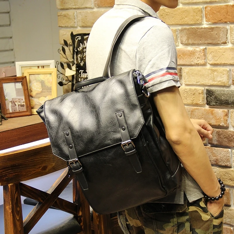 

NEW Fashion Classic Cool PU Leather Men Backpack Promotion Solid Black iPad Laptop Bag Leather Backpack Mochila Daypack College