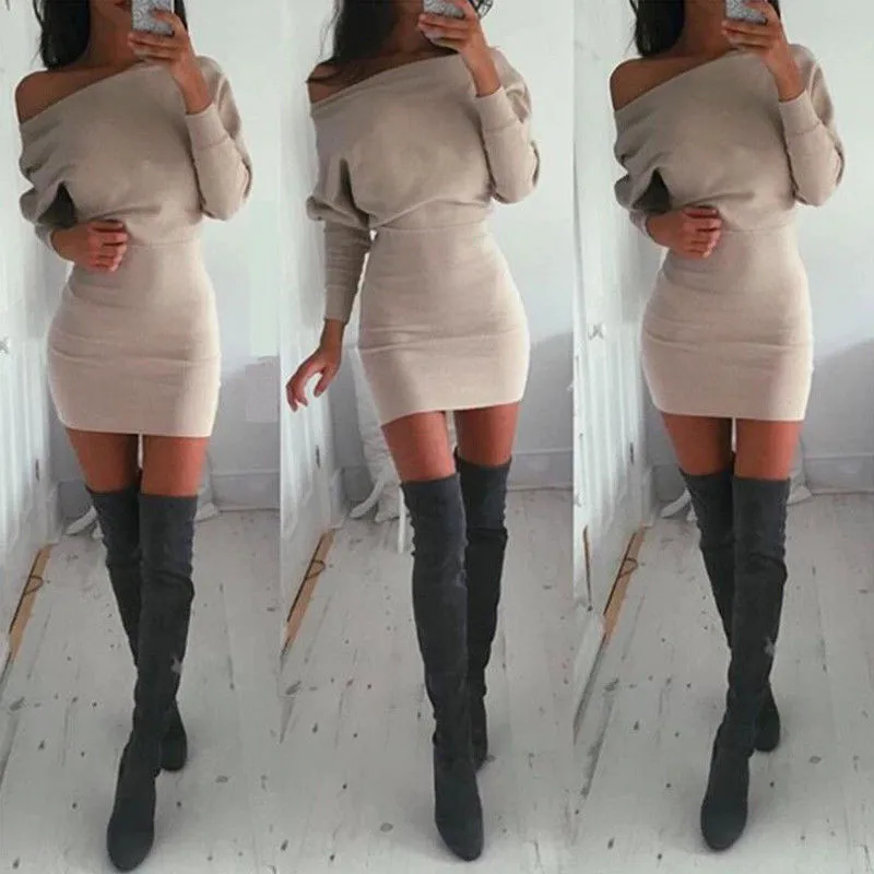 

Women Spring Off Shoulder Long Sleeve Slim Bodycon Mini Dress Sheath